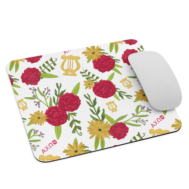  Alpha Chi Omega carnation floral print mouse pad in white shown with mouse. 