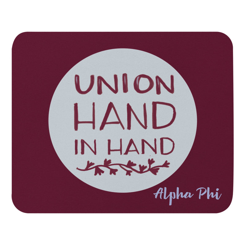 Keep your Alpha Phi sisterhood close at hand with our pretty, artist-created, hand-drawn Alpha Phi "Union Hand in Hand" design Mouse Pad shown in full view