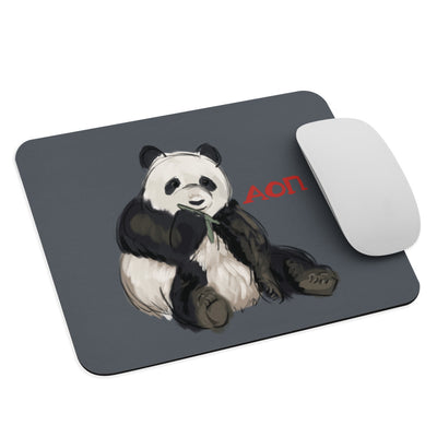 Alpha Omicron Pi Panda Mouse pad in gray shown with mouse