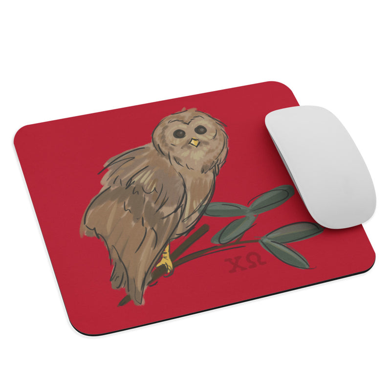 Chi Omega Owl Mascot Mouse Pad shown with mouse