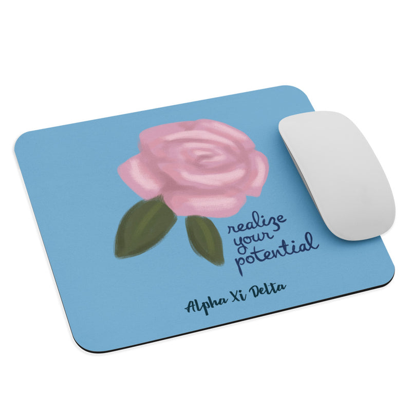 Alpha Xi Delta Realize Your Potential Mouse pad shown with mouse