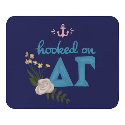 "Hooked on DG"  Mouse Pad in Navy Blue shown in  full view