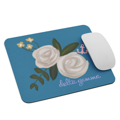 Delta Gamma Cream-colored Rose and Pink Anchor Turquoise Mouse pad shown with mouse