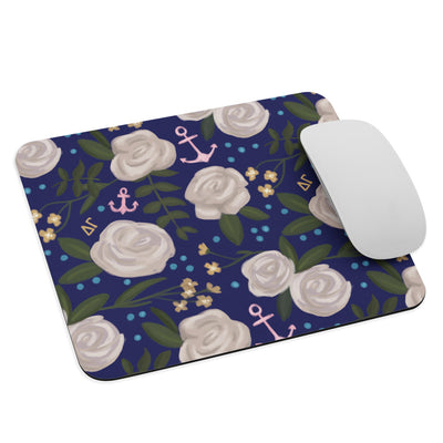 Delta Gamma Rose and Pink Anchor Navy Blue Mouse pad shown with mouse