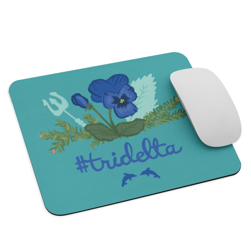 Tri Delta Pansy, Pine and Poseidon Mouse Pad shown with a mouse