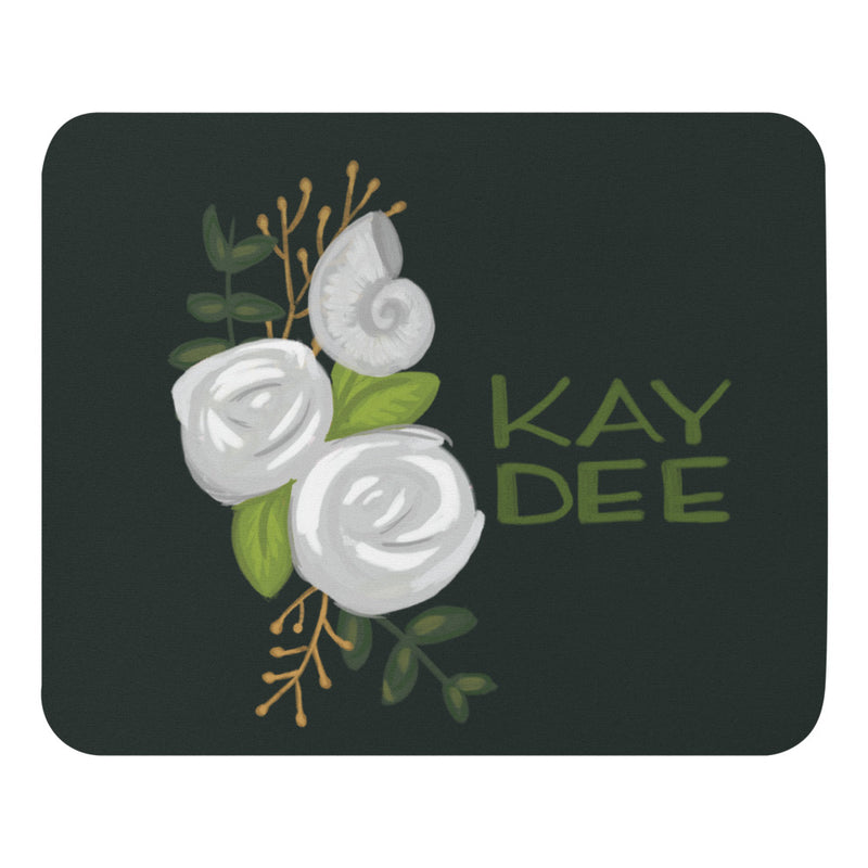 Kappa Delta Kay Dee White Rose and Nautilus Mouse pad showing hand drawn design