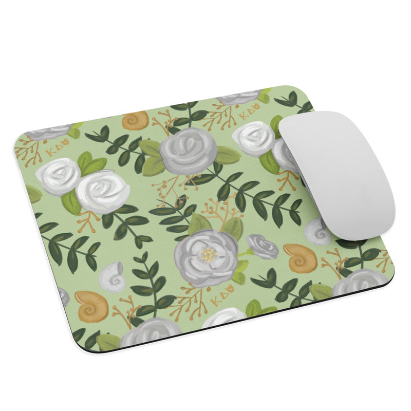 Kappa Delta White Rose Floral Pattern Mouse Pad in light green