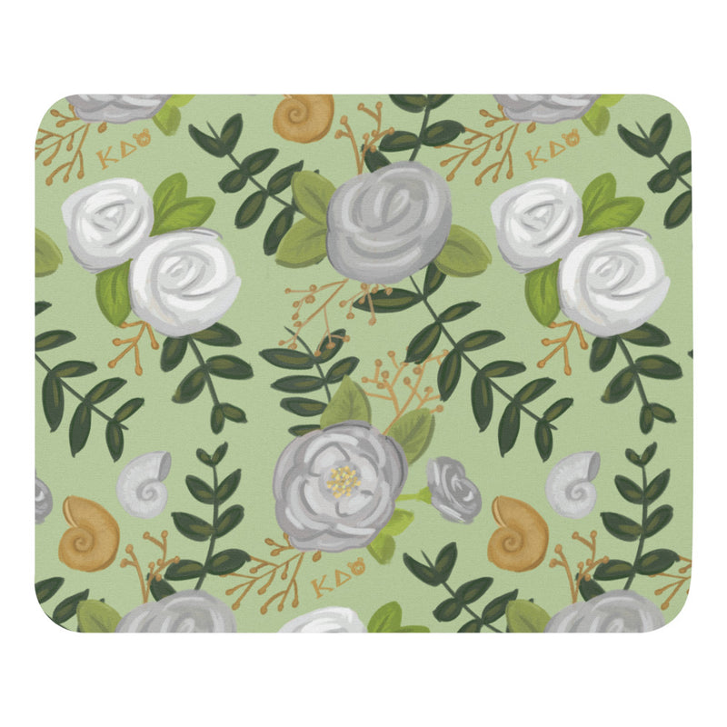 Kappa Delta White Rose Floral Pattern Mouse Pad showing hand-drawn floral print