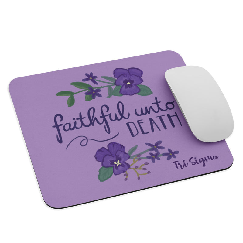 Tri Sigma Faithful Unto Death Purple Mouse Pad shown with mouse