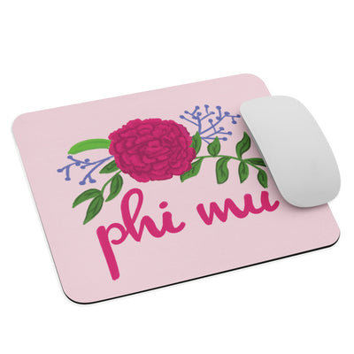 Phi Mu Carnation Design Mouse Pad shown with mouse