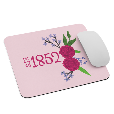 Phi Mu 1852 Founding Date Mouse Pad shown with mouse