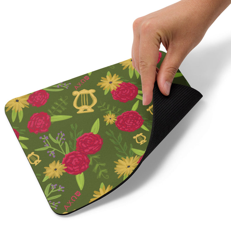 Alpha Chi Omega carnation floral print mouse pad in Olive green showing backing.
