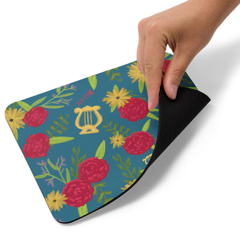 Keep your sisters close at hand with our artist-designed Alpha Chi Omega red carnation and lyre floral print mousepad with a pretty teal blue background!