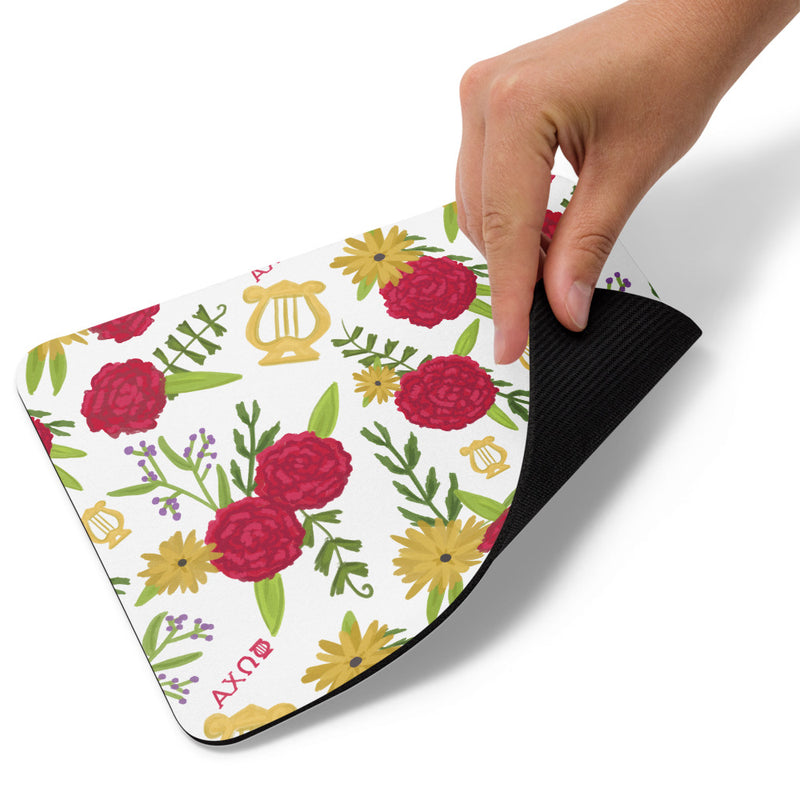 Alpha Chi Omega carnation floral print mouse pad in white showing the backing.