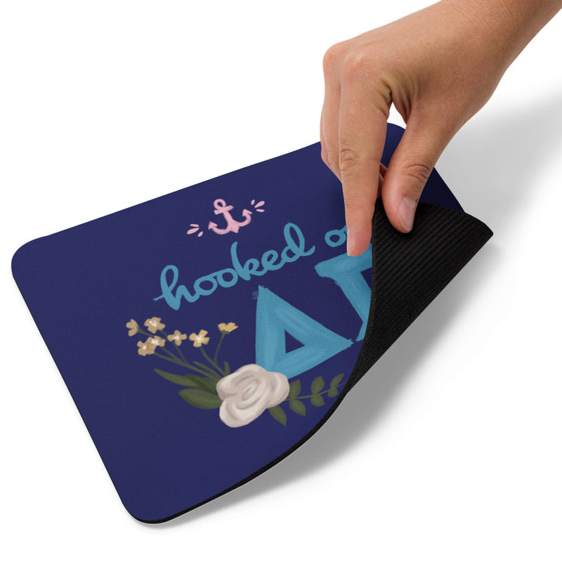 "Hooked on DG"  Mouse Pad in Navy Blue  with backing shown