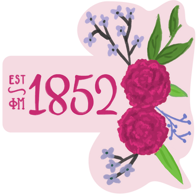 Phi Mu 1852 Sorority Stickers with hand-drawn 1852 design