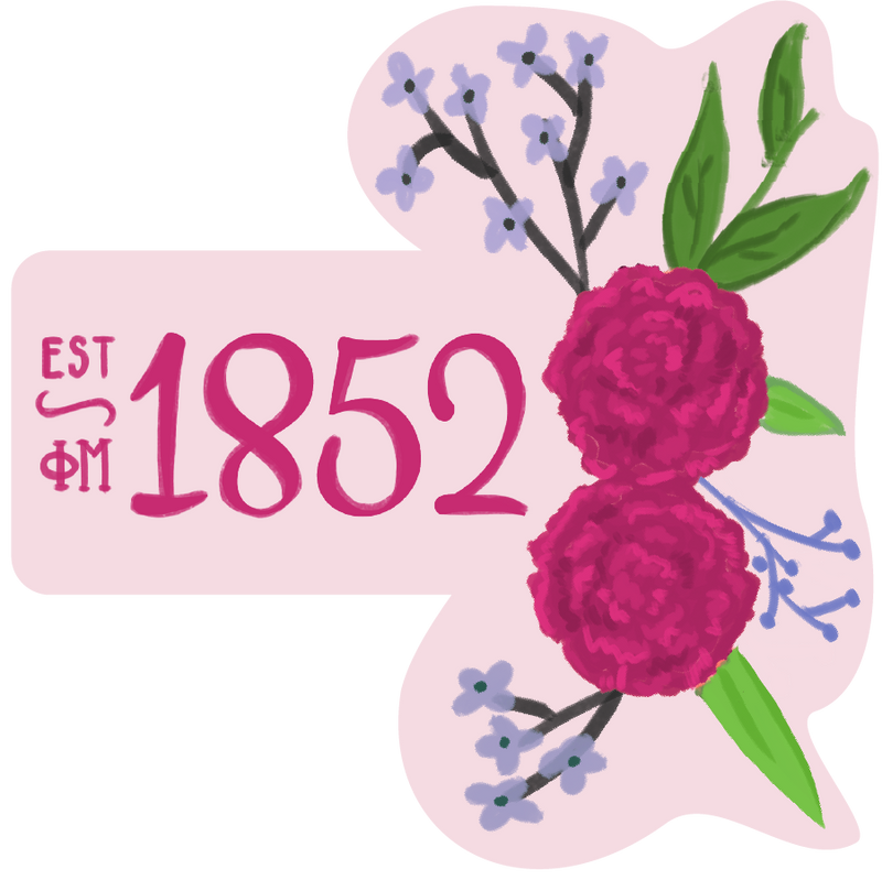 Phi Mu 1852 Sorority Stickers with hand-drawn 1852 design