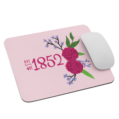 Phi Mu 1852 Sorority Mouse Pad shown with mouse and hand-drawn sorority design