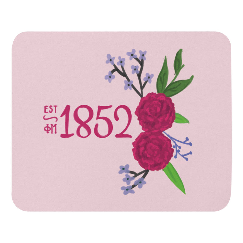 Phi Mu 1852 sorority mouse pad showing hand drawn design with Phi Mu letters