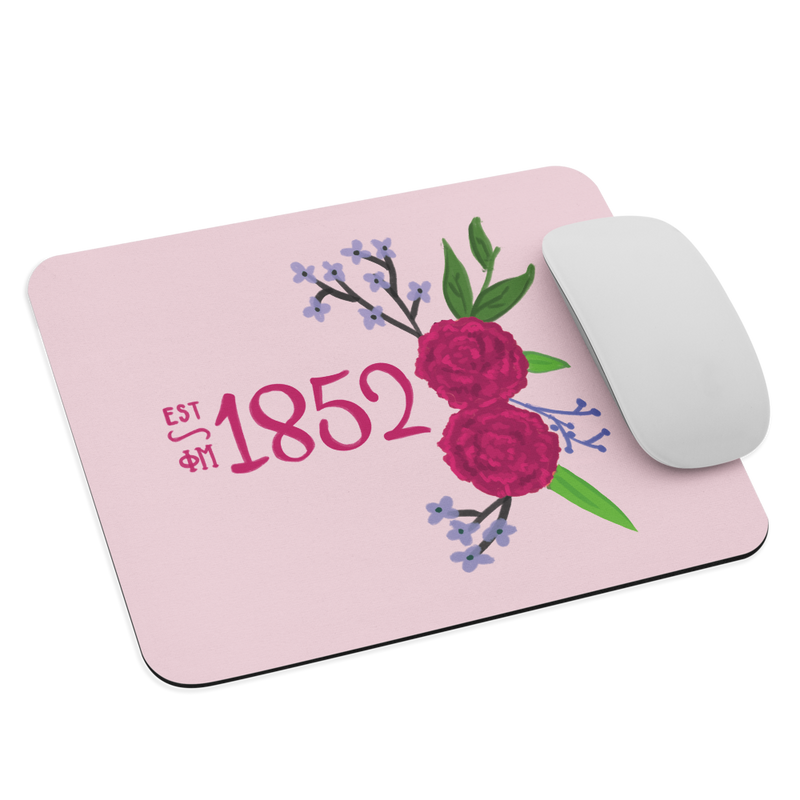 Phi Mu 1852 Sorority Mouse Pad shown with mouse and hand-drawn sorority design