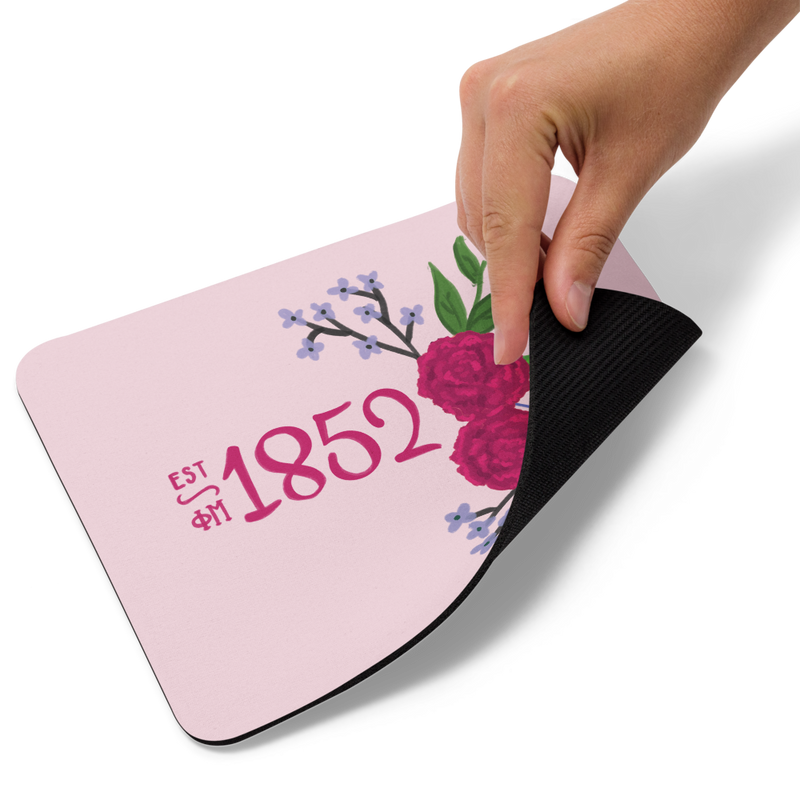 Phi Mu 1852 Sorority Mouse Pad showing rubber backing