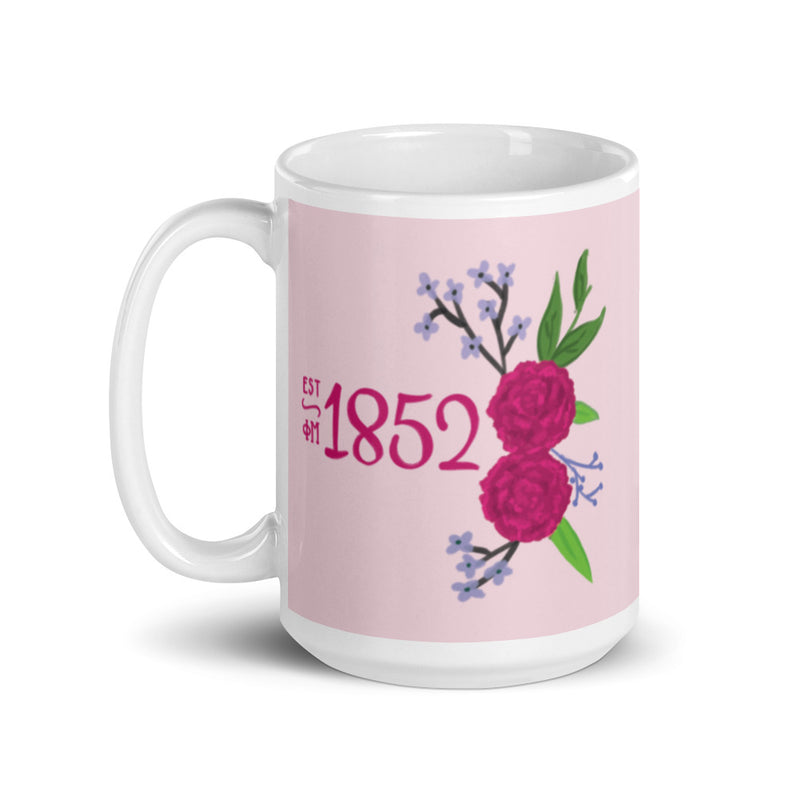 Phi Mu 1852 Mug in 15 oz size showing hand-drawn design