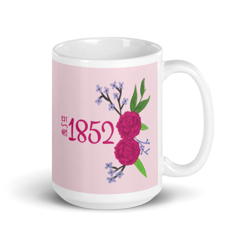 Phi Mu 1852 Mug in 15 oz size with handle on right