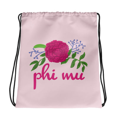 Phi Mu Carnation Drawstring Bag shown flat with hand drawn carnation print in pink