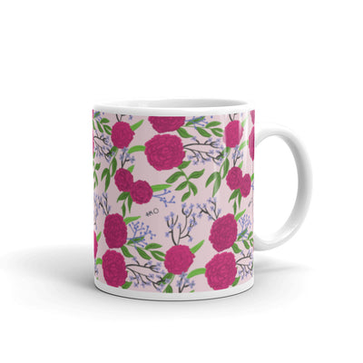 Phi Mu Pink Carnation Floral Print Mug in 11 oz size in light pink