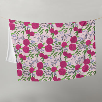 Phi Mu Pink Carnation Floral Print Throw Blanket on clothesline
