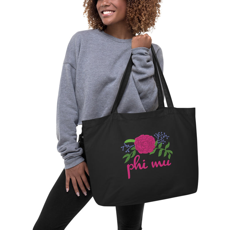 Large Phi Mu Carnation Tote Bag in black on model&