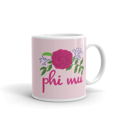 Phi Mu Carnation Mug in 11 oz size in pink with handle on right