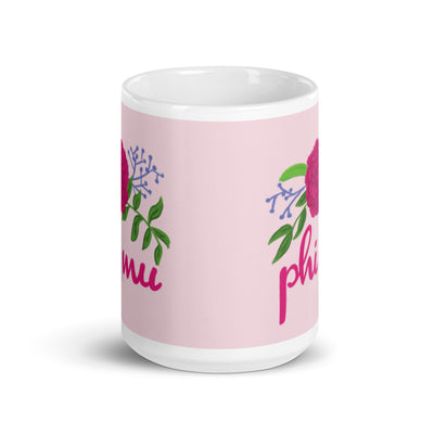 Phi Mu Carnation Mug in 15 oz size with print on both sides in pink