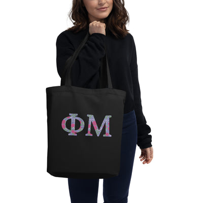 Phi Mu Filled Letters Eco Tote Bag in black shown on model's arm
