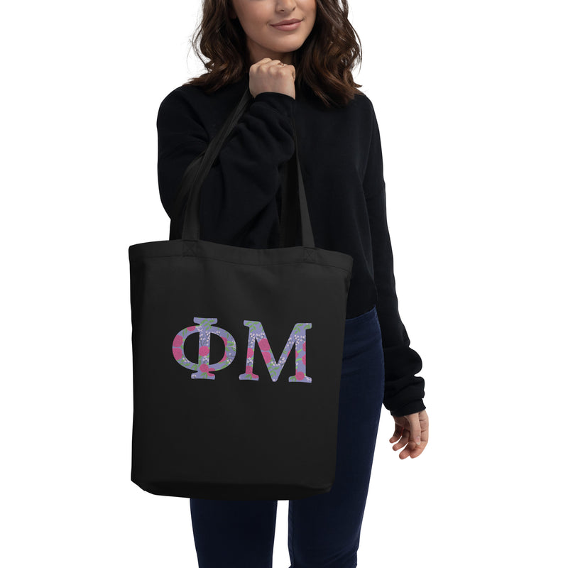 Phi Mu Filled Letters Eco Tote Bag in black shown on model&