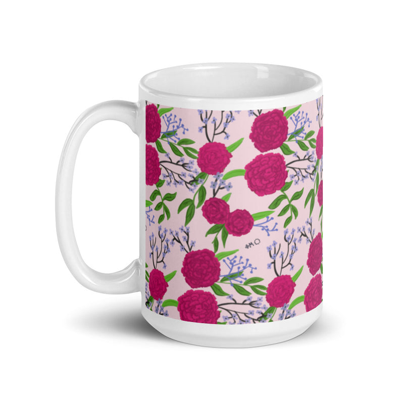Phi Mu Floral Print Mug in 15 oz size with rose carnation Print in light pink
