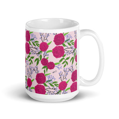 Phi Mu Rose Colored Carnation Floral Print Mug in 15 oz size