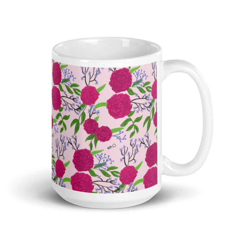 Phi Mu Rose Colored Carnation Floral Print Mug in 15 oz size