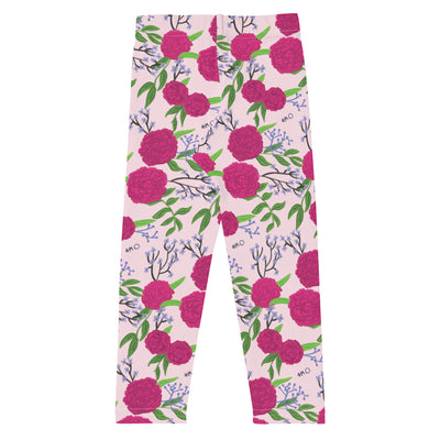 Phi Mu Carnation Floral Print Kid's Leggings, Pink in flat view