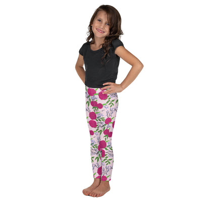 Phi Mu Carnation Floral Print Kid's Leggings, Pink on child model in side view