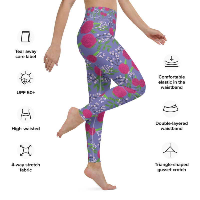 Phi Mu Carnation Floral Print Yoga Leggings, Purple showing product details