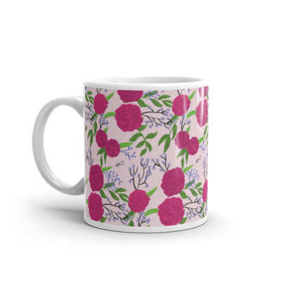 Phi Mu Pink Carnation Floral Print Mug in 11 oz size with handle on left