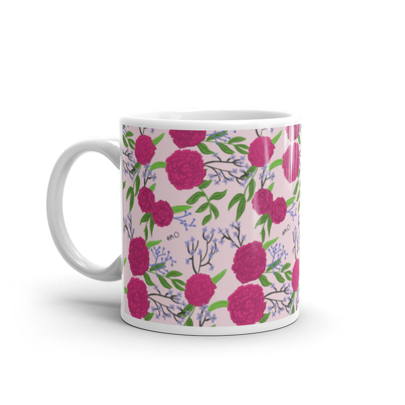 Phi Mu Pink Carnation Floral Print Mug in 11 oz size with handle on left
