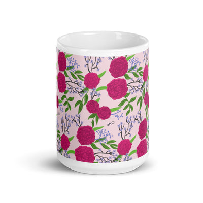 Phi Mu Pink Carnation Print Mug with print wrapping around mug