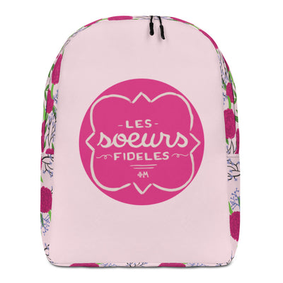 Phi Mu motto backpack in light pink with carnation floral print on sides and bottom