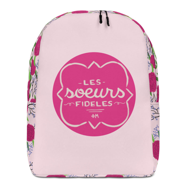 Phi Mu motto backpack in light pink with carnation floral print on sides and bottom
