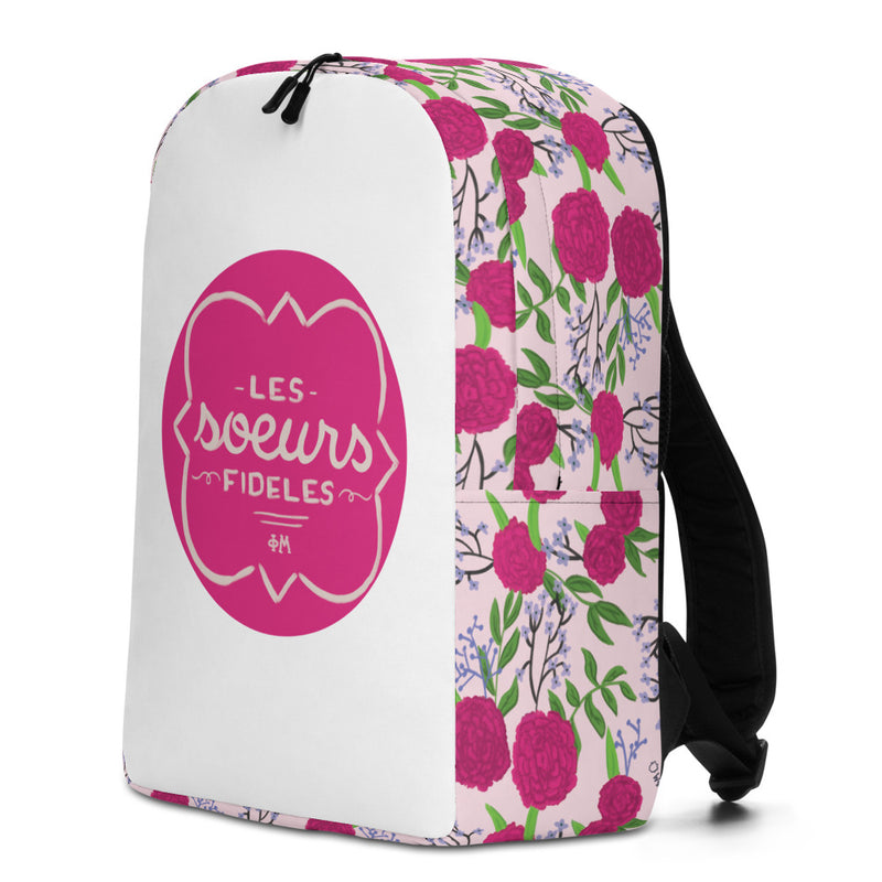 Phi Mu Motto Backpack with hand drawn Les Soeurs design on front