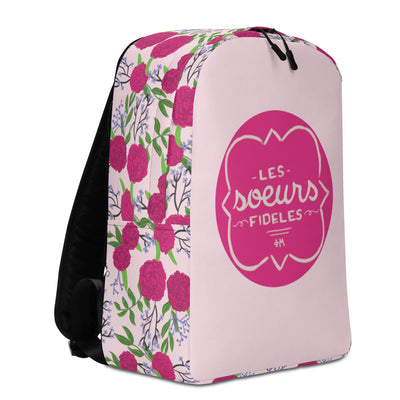Phi Mu motto backpack showing other side view with floral print