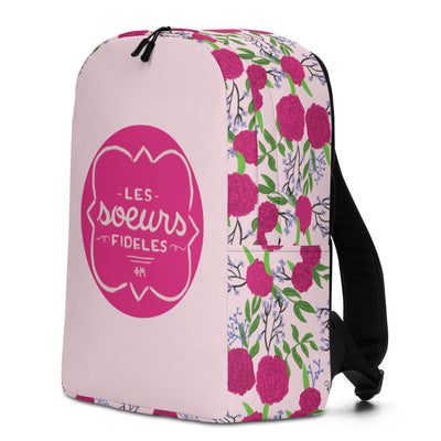 Pink Phi Mu motto backpack showing side view with rose colored carnation floral print
