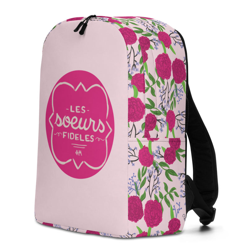 Pink Phi Mu motto backpack showing side view with rose colored carnation floral print